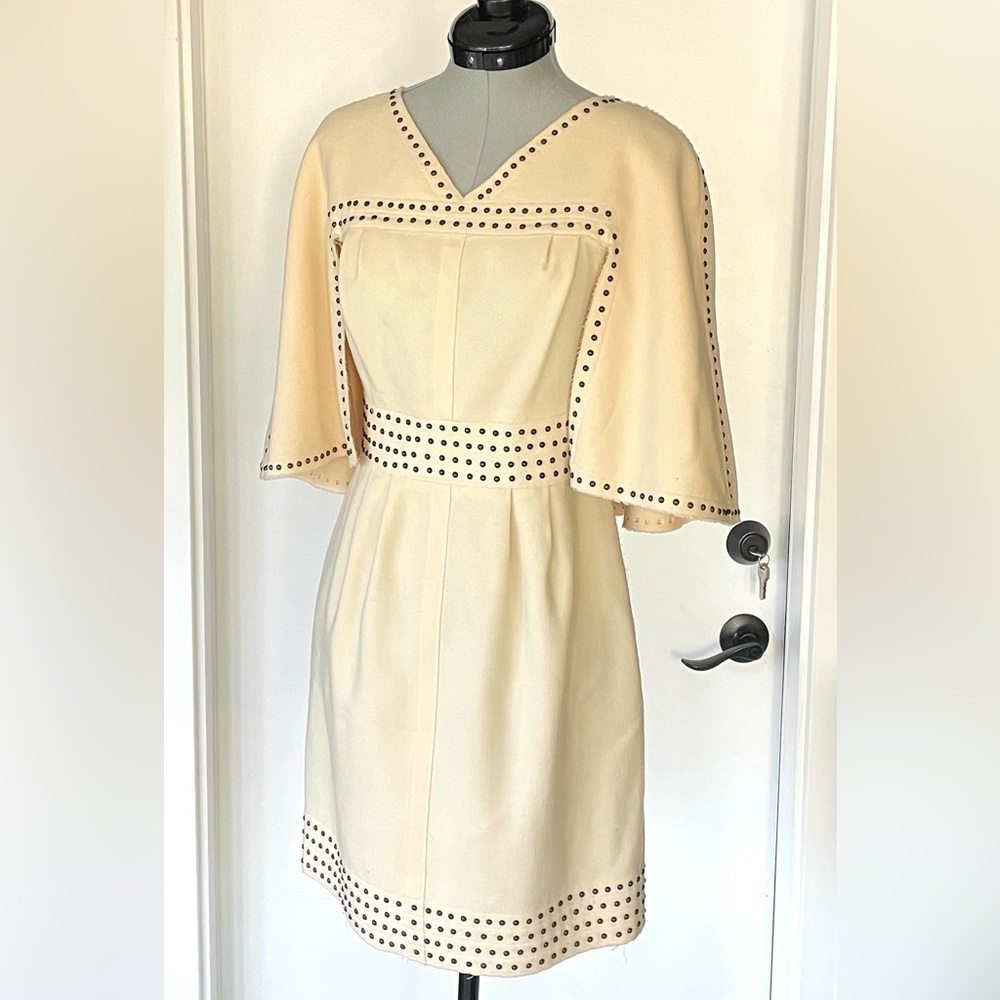 Fendi Wool Midi Dress cream w/bronze studs, built in cape, raw edges, zip, IT38